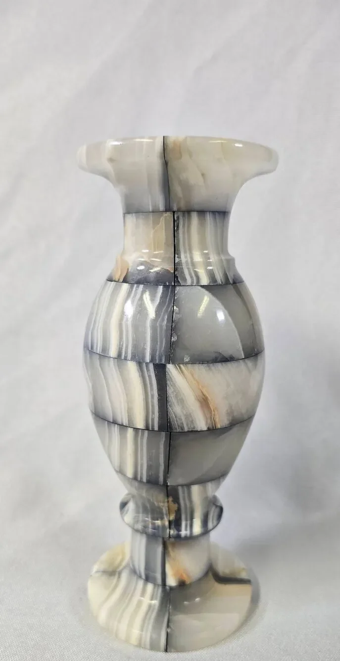 Vintage Patchwork Onyx Marble Tulip Vase – Black, Gray, & Cream